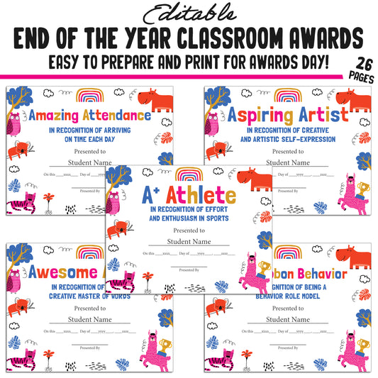Customizable Classroom Superlatives and Fun End-of-Year Awards – 26-Page PDF with Adorable Animal Theme – Instant Download