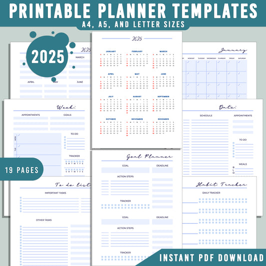 2025 Printable Planner: 19 Minimalist Pages for Goal Tracking, To-Do Lists, and Daily Organization, A4, A5, Letter Sizes, Instant PDF Download.