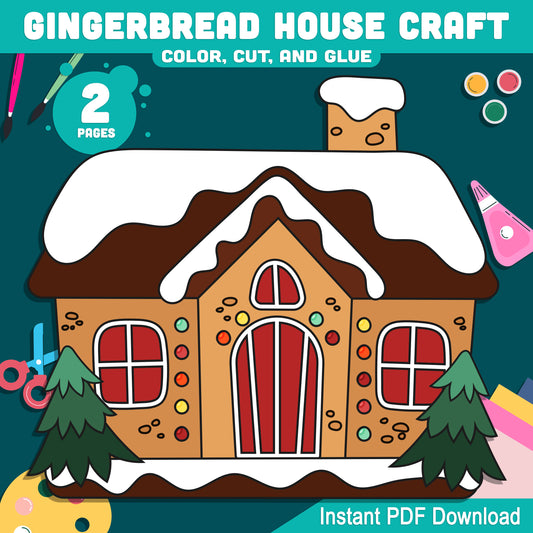 Fun Gingerbread House Craft: Christmas-Themed Color, Cut, and Glue Activity for Kids – Ideal for Holiday Art Projects, PDF Instant Download