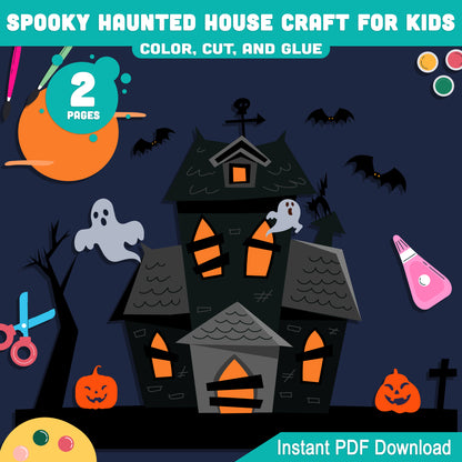 Spooky Haunted House Craft, Easy Halloween Color, Cut & Glue for Preschool, Pre-K, Kindergarten