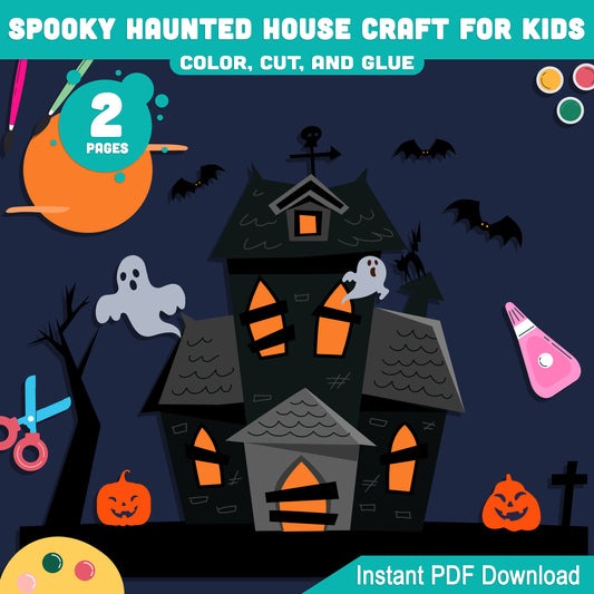 Spooky Haunted House Craft, Easy Halloween Color, Cut & Glue for Preschool, Pre-K, Kindergarten