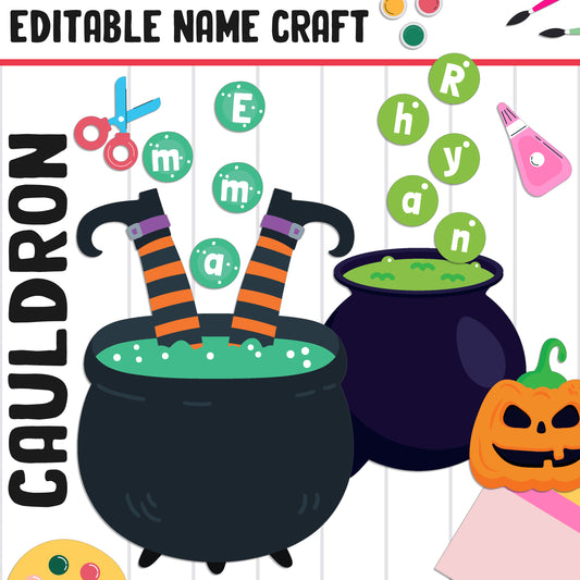 Cauldron Name Craft Activity: Halloween, Back-to-School Bulletin Board, 40 Pages, 5 Designs, Blank & Editable, Color and Black-and-White