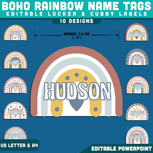 Boho Rainbow Name Tags, Editable Locker & Cubby Labels, Printable Classroom Organization, Editable PowerPoint, 10 Neutral Designs, US Letter, A4