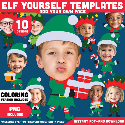Elf Yourself Templates, Christmas Craft for Kids, PDF + PNG Files, Coloring Version