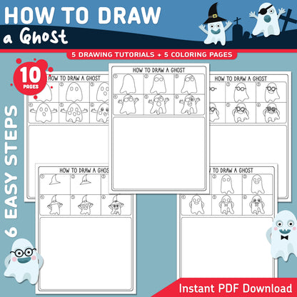 How to Draw a Ghost, Halloween Directed Drawing, Step-by-Step Art Activity for Kids, 6 Simple Steps, 5 Coloring Pages, A4, US Letter PDF