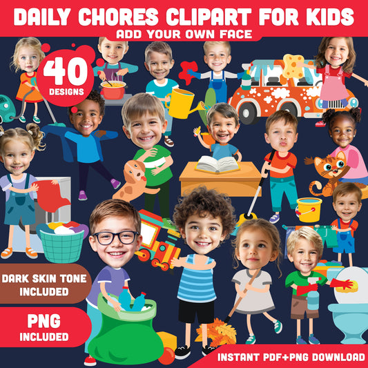 Chores Add Your Own Face Clipart – Kids Daily Routine Body Templates for Classroom & Home, 40 Light + 40 Dark Skin Designs