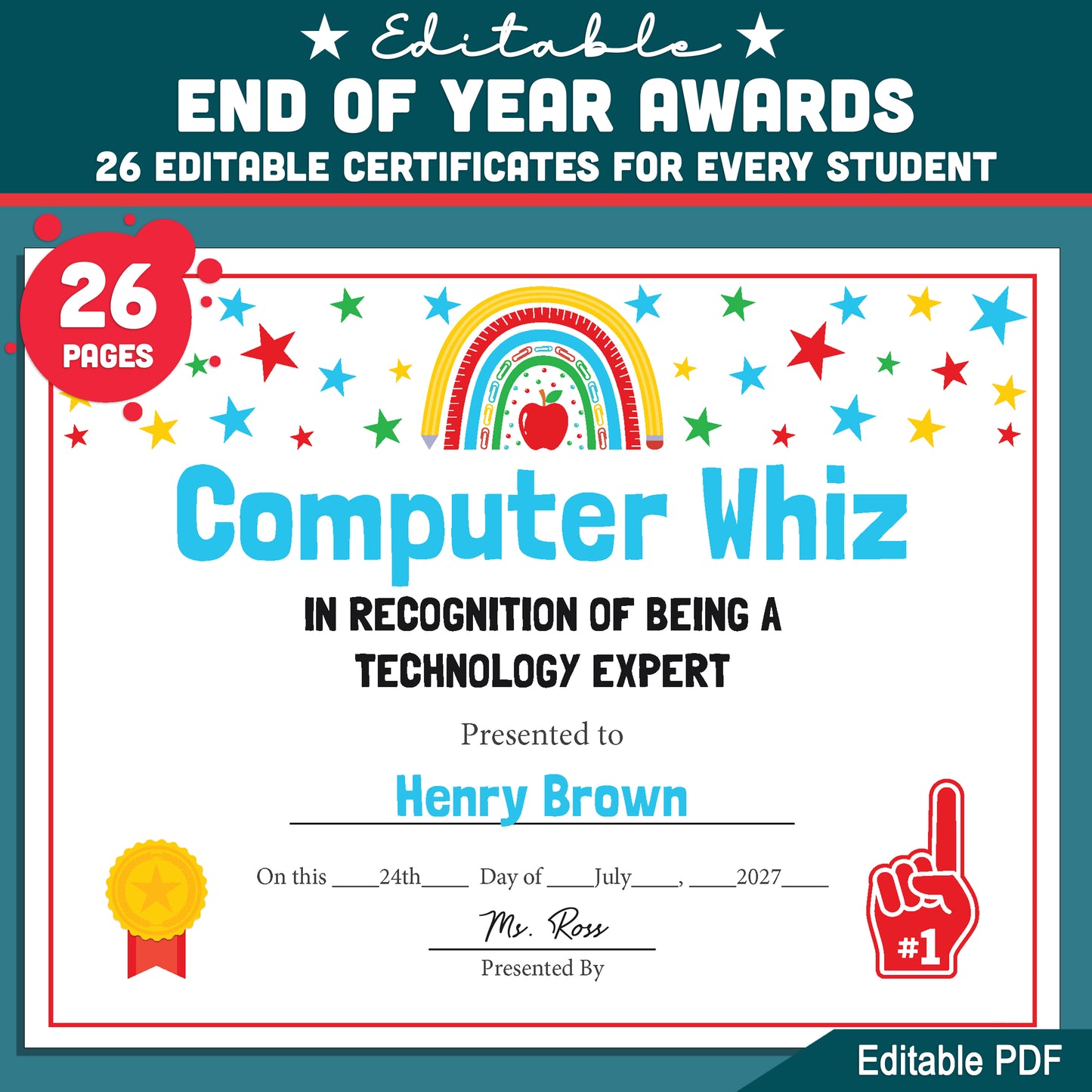 Class Awards Middle School End of the Year, Printable Certificates Bundle, 26 Editable Designs, Student Recognition Pack, Teacher Friendly