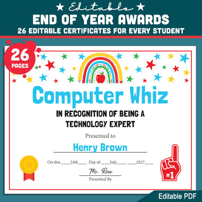 Class Awards Middle School End of the Year, Printable Certificates Bundle, 26 Editable Designs, Student Recognition Pack, Teacher Friendly