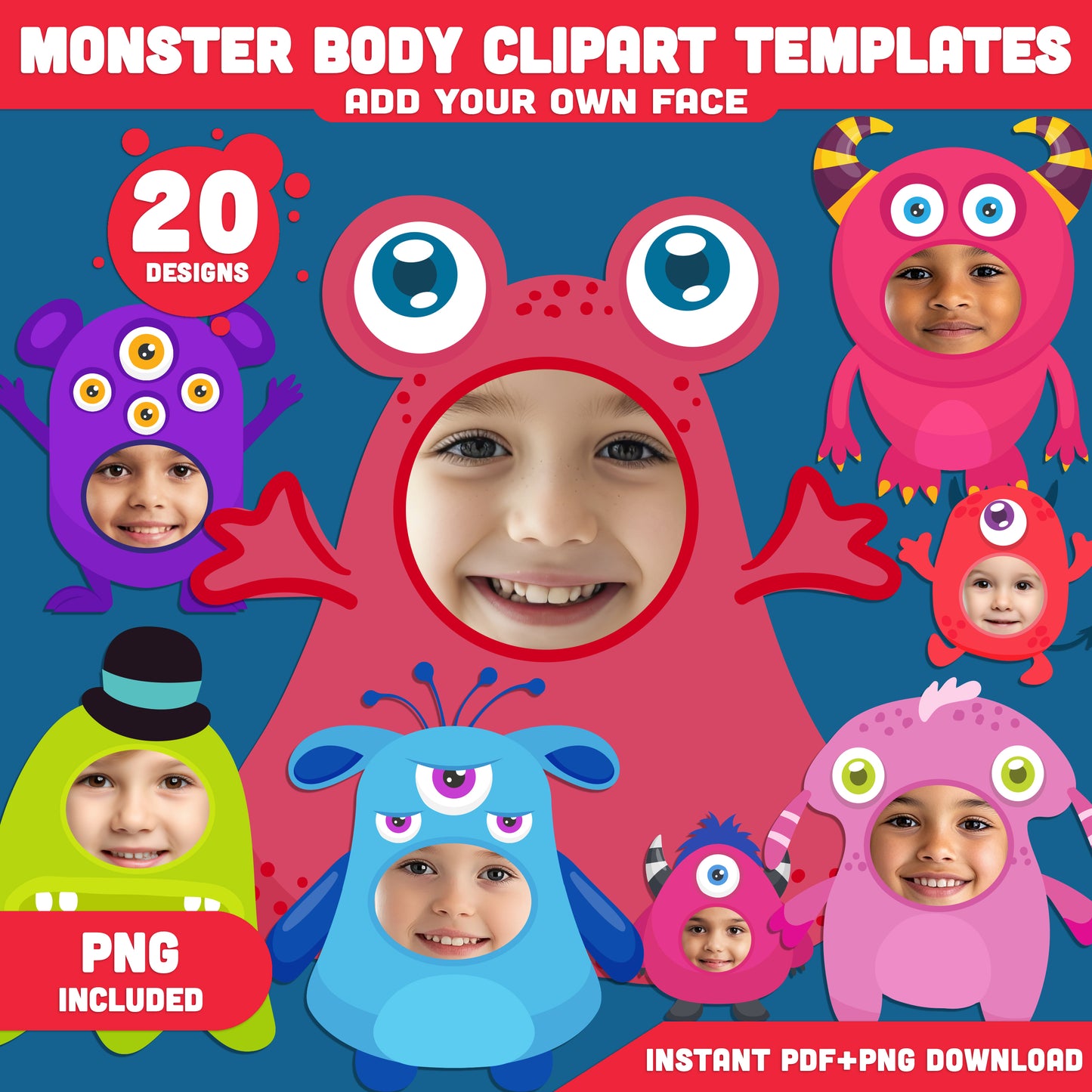 Monster Body Clipart Templates: Funny DIY Face Swap Craft, Silly and Spooky Monster Printables for Kids’ Activities, Instant PDF + PNG Download.