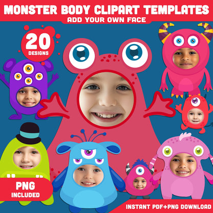 Monster Body Clipart Templates: Funny DIY Face Swap Craft, Silly and Spooky Monster Printables for Kids’ Activities, Instant PDF + PNG Download.