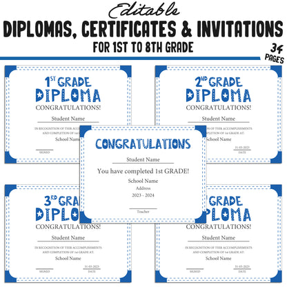 Printable 1st Grade Diplomas, Certificates, and Invitation Templates in a Simple & Modern Blue Theme - PDF Instant Download