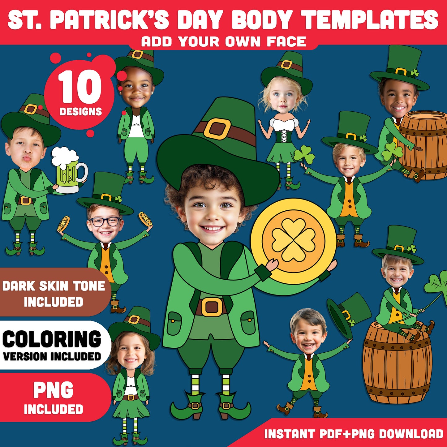 St. Patrick’s Day Body Templates – Leprechaun Add Your Own Face Craft for Kids, Printable Coloring Clip Art