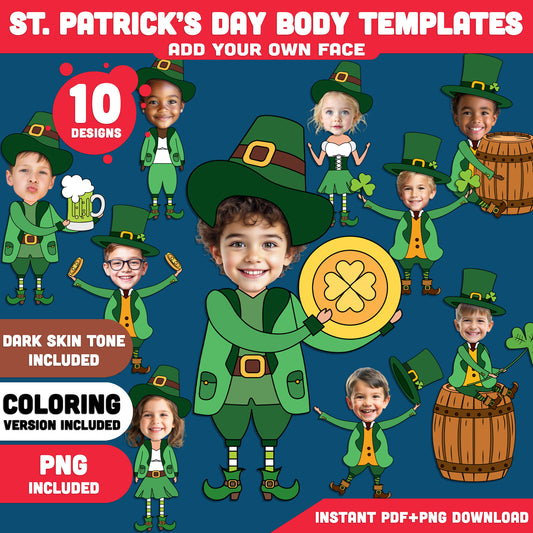 St. Patrick’s Day Body Templates – Leprechaun Add Your Own Face Craft for Kids, Printable Coloring Clip Art