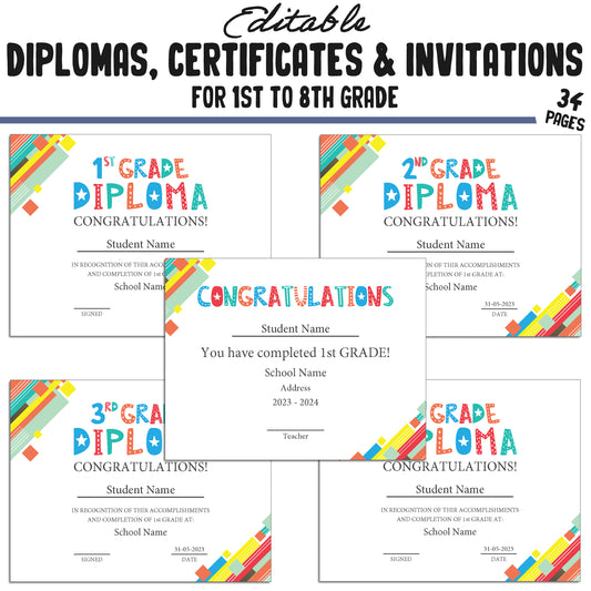 Editable Diplomas for 5th Grade, Certificates for 1st-8th Grade & Invitation Templates in a Abstract Theme - 34 Pages, PDF Instant Download