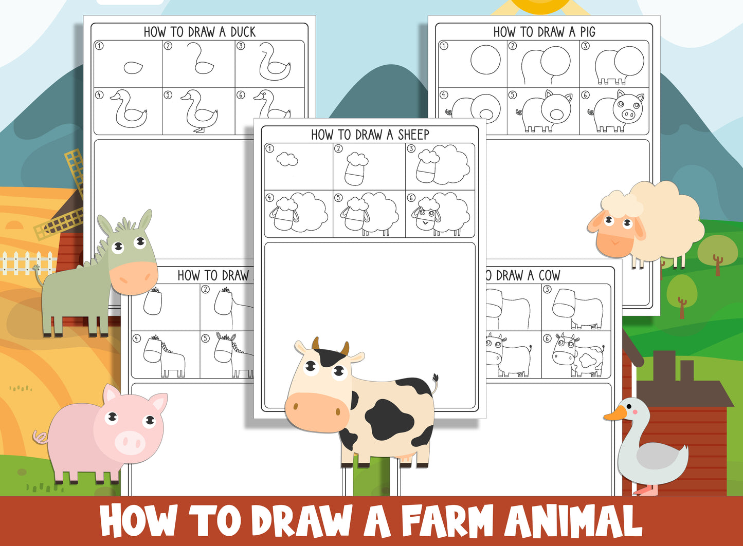 Learn How to Draw Farm Animals (Sheep, Cow, Pig, Horse, Dug), Directed Drawing Step by Step Tutorial + 5 Coloring Pages, Instant Download