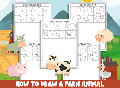 Learn How to Draw Farm Animals (Sheep, Cow, Pig, Horse, Dug), Directed Drawing Step by Step Tutorial + 5 Coloring Pages, Instant Download