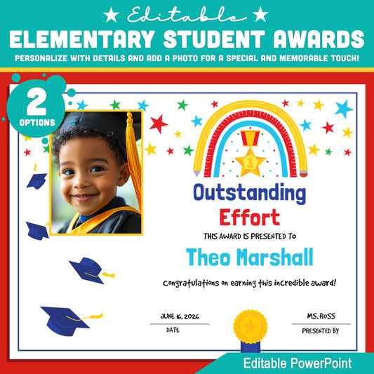 Elementary Student Awards – Class Recognition Certificates with Editable Names, Superlatives, and Photo Option, 2 Custom Formats, 8.5x11 PDF