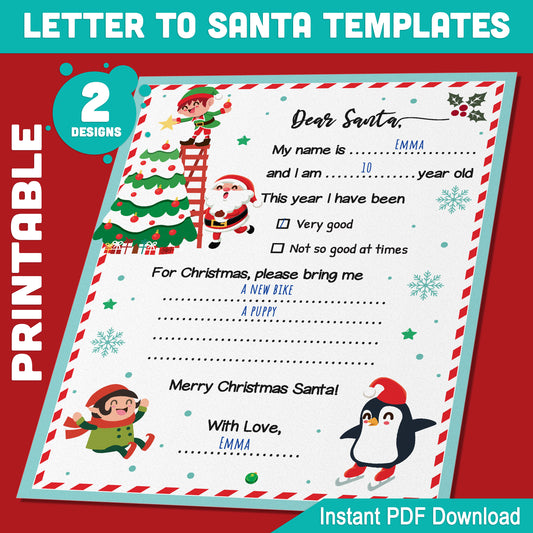 Christmas Letter to Santa: 2 Easy Fill-in-the-Blank Designs for Kids, 8.5x11", Festive Holiday Activity, Instant PDF Download, Ready to Print