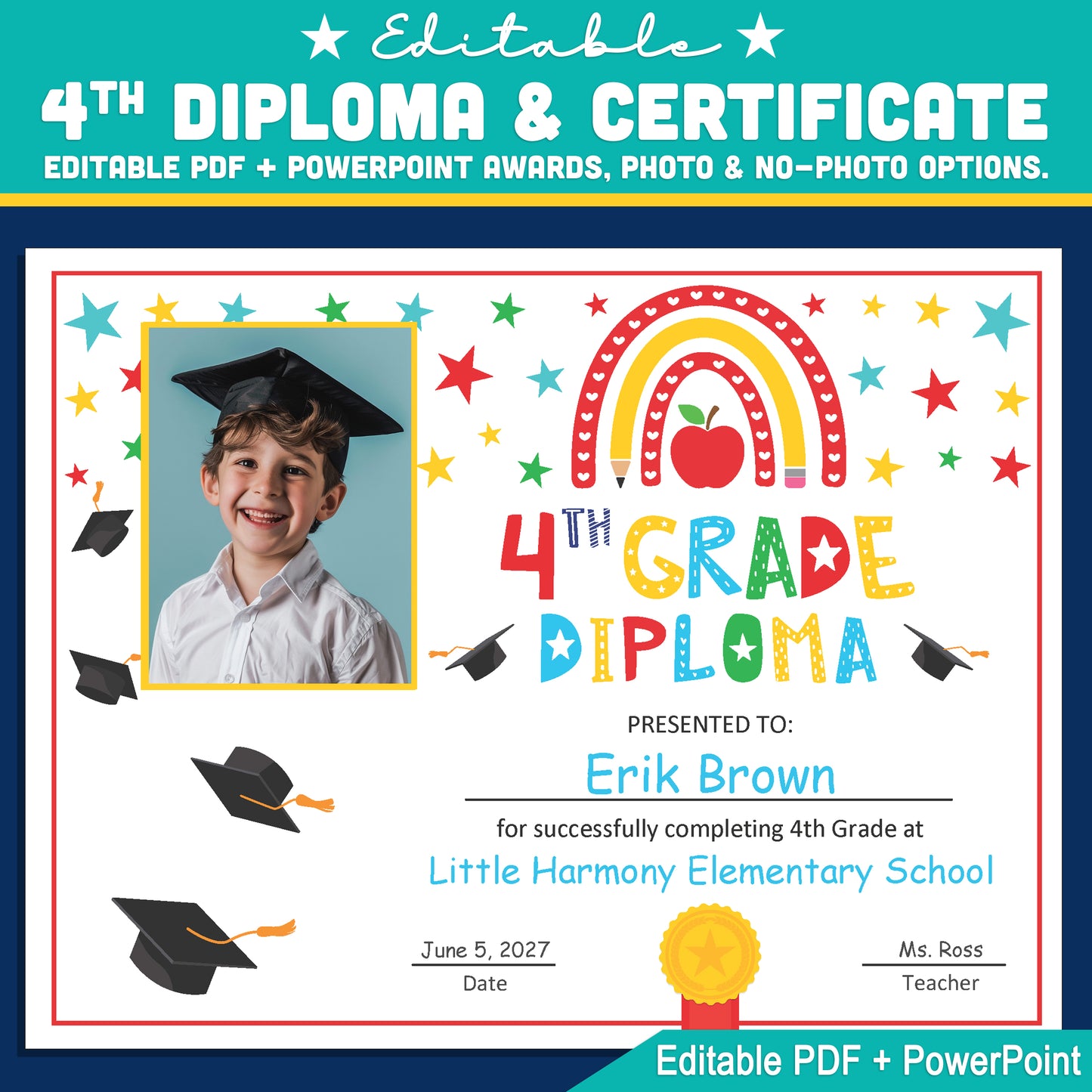 Editable 4th Graduation Diploma & Certificate Set, Printable Rainbow Stars Awards, Photo and No-Photo Options, PDF, PowerPoint, Canva
