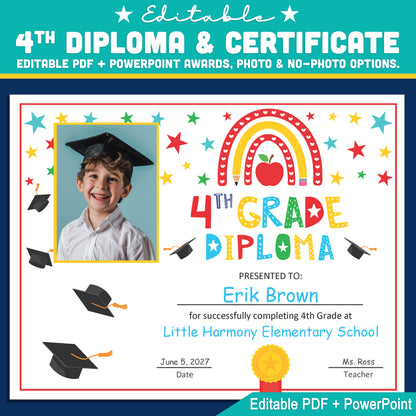 Editable 4th Graduation Diploma & Certificate Set, Printable Rainbow Stars Awards, Photo and No-Photo Options, PDF, PowerPoint, Canva