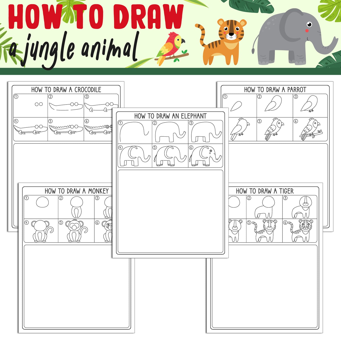 Learn How to Draw a Jungle Animal: Directed Drawing Step by Step Tutorial, Includes 5 Coloring Pages, PDF File, Instant Download.