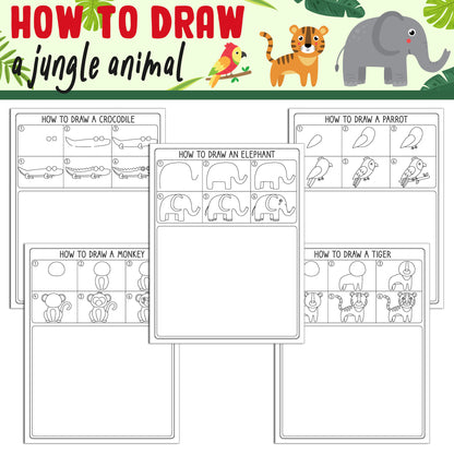 Learn How to Draw a Jungle Animal: Directed Drawing Step by Step Tutorial, Includes 5 Coloring Pages, PDF File, Instant Download.