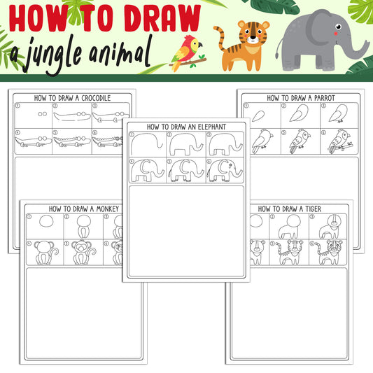 Learn How to Draw a Jungle Animal: Directed Drawing Step by Step Tutorial, Includes 5 Coloring Pages, PDF File, Instant Download.