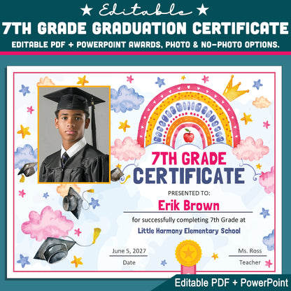 7th Grade Completion Certificate, Seventh Grade Graduation Moving Up Awards, Editable Rainbow Star Theme, Photo and No Photo, PDF and PowerPoint