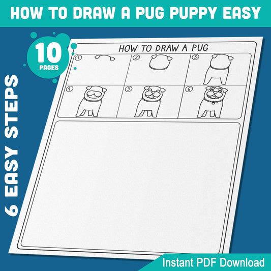 Pug Puppy Drawing Tutorial: Step-by-Step 5-Page Guide + 5 Fun Coloring Pages for Kids’ Art Activities, Great for Home or School, Instant Download.