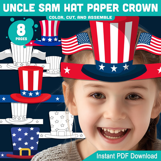 Uncle Sam Paper Hat Crown – Fun USA Patriotic Headband for Preschool & Kindergarten, Party Craft for July 4th or Veterans Day, PDF Download