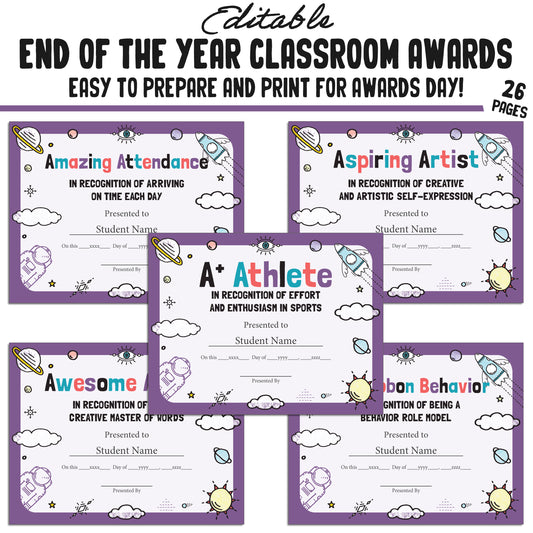 Editable Unique Class Superlatives, Fun Classroom Awards for the End of the School Year, 26 Pages, PDF, Instant Download