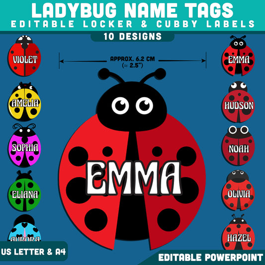 Ladybug Name Tags, Editable Locker & Cubby Labels, Printable Classroom Organization, Editable PowerPoint, 10 Bright Designs, US Letter, A4