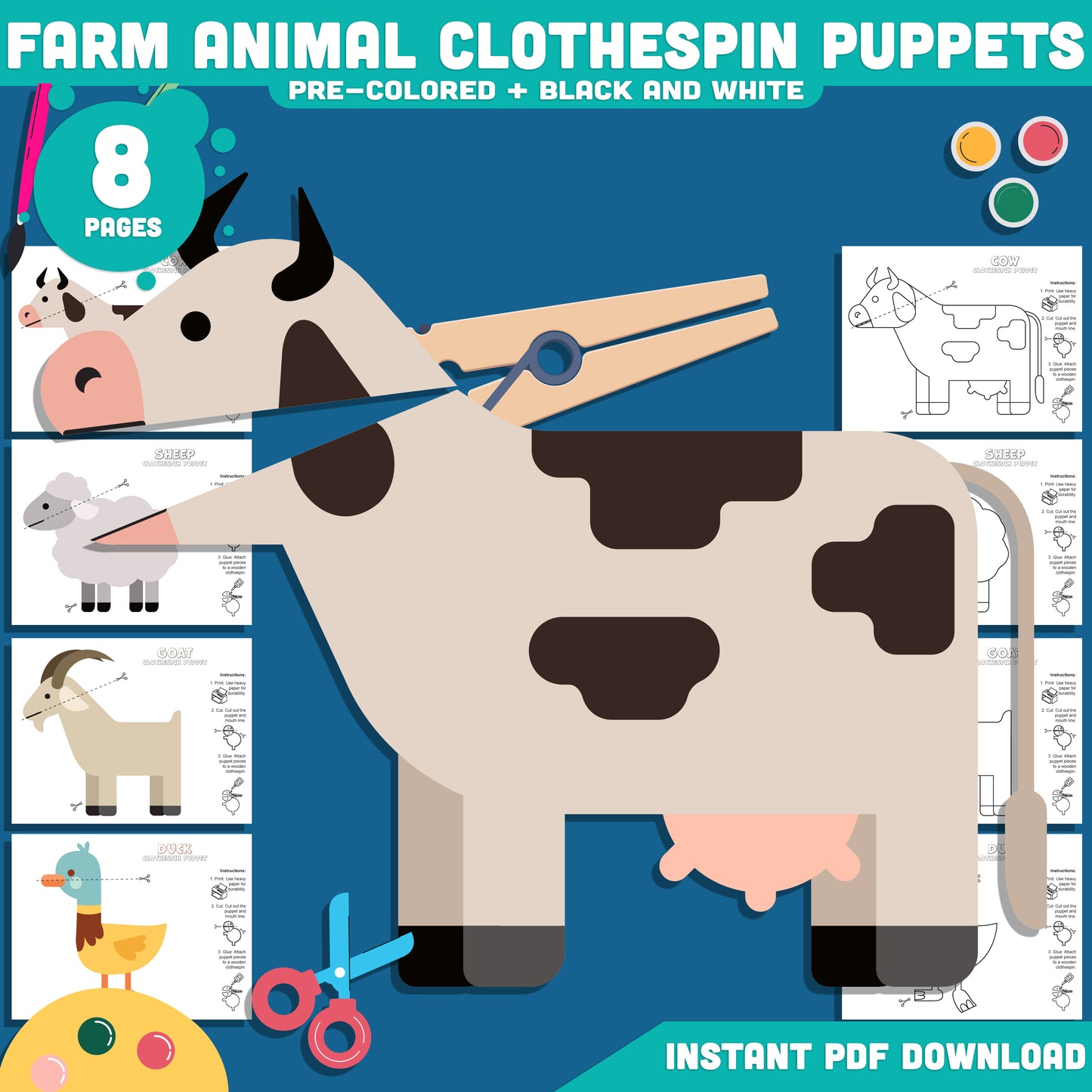 Farm Animal Clothespin Puppets, Funny Barnyard Friends Craft, Cow Sheep Goat Duck Activity, Printable PDF Download