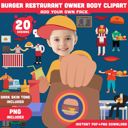 Kids’ Burger Chef & Restaurant Owner Clipart: Printable Cutouts, Add Your Face for Fun Role Play, DIY Fast-Food Drama, Light + Dark Skin Tone, PDF + PNG, Instant Download