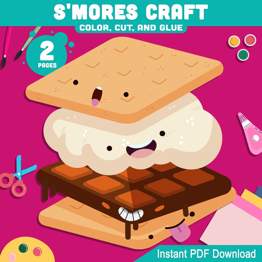 Color Cut and Glue S'mores Craft Printable, Fun Summer Camping Party Activity for Kids, 2 Pages of Creative Fun, Instant PDF Download