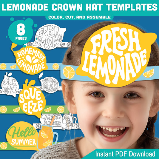 Lemonade Crown Hat Templates – Printable Summer Headband Craft for Kids, 8 Pages with Coloring Option, Instant PDF Download