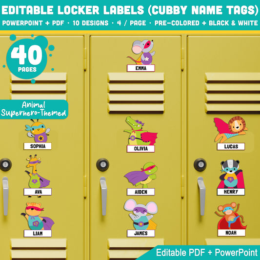 Editable Locker Labels (Cubby Name Tags), Cute Animal Superhero-Themed, 40 Pages, PDF + PowerPoint, Pre-Colored & Black & White, Back to School