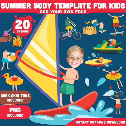 Summer Body Template for Kids: Beach, Outdoor & Camping Printable Activity, Add Your Face Craft, 20 Designs PDF + PNG, Light + Dark Skin Tone Included