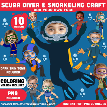 Scuba Diver and Snorkeling Craft for Kids, Under the Sea Printable, Add Your Own Face Activity, Coloring Version, PDF PNG Templates