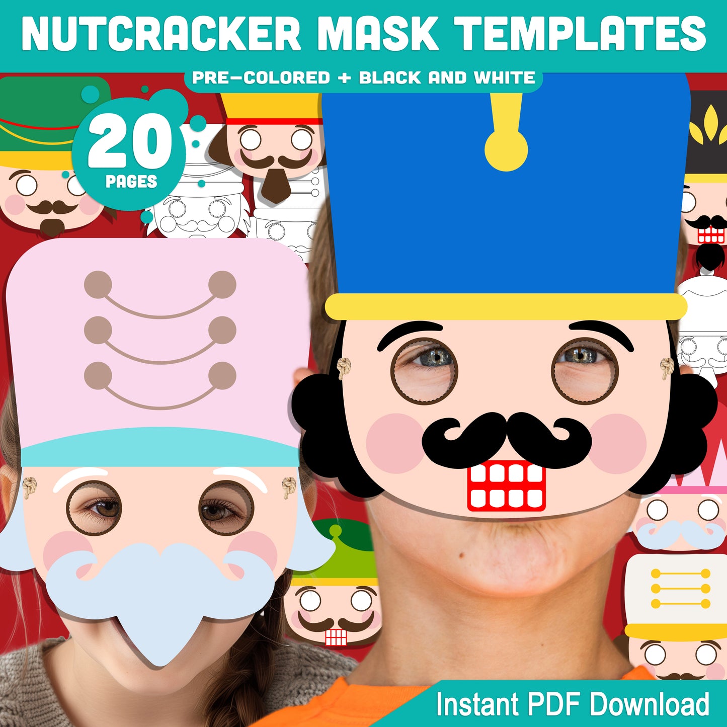 Printable Nutcracker Mask Templates: Holiday Craft for Kids, 10 Designs, Pre-Colored + Black and White, Perfect for Christmas School Play or Home Party, PDF