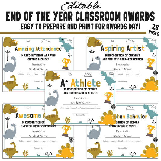 Customizable End-of-Year Awards for Preschool or Kindergarten – 26-Page PDF with Adorable Dinosaur Theme – Instant Download