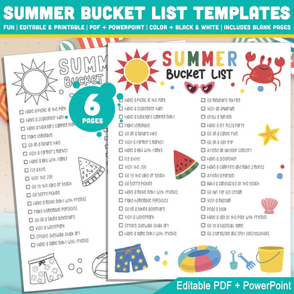 Summer Activity Checklist for Children: Editable Bucket List & Goals Planner PDF and PowerPoint Templates – Fun Black & White Pages Included