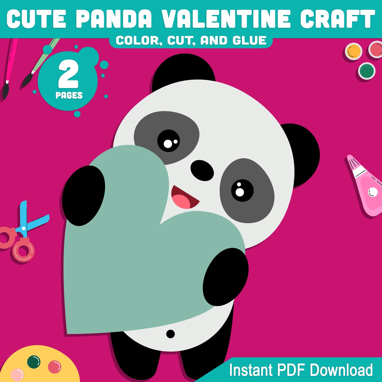 Cute Panda Valentine Craft Printable Color Cut and Glue Activity for Preschool Pre-K Kindergarten School Craft