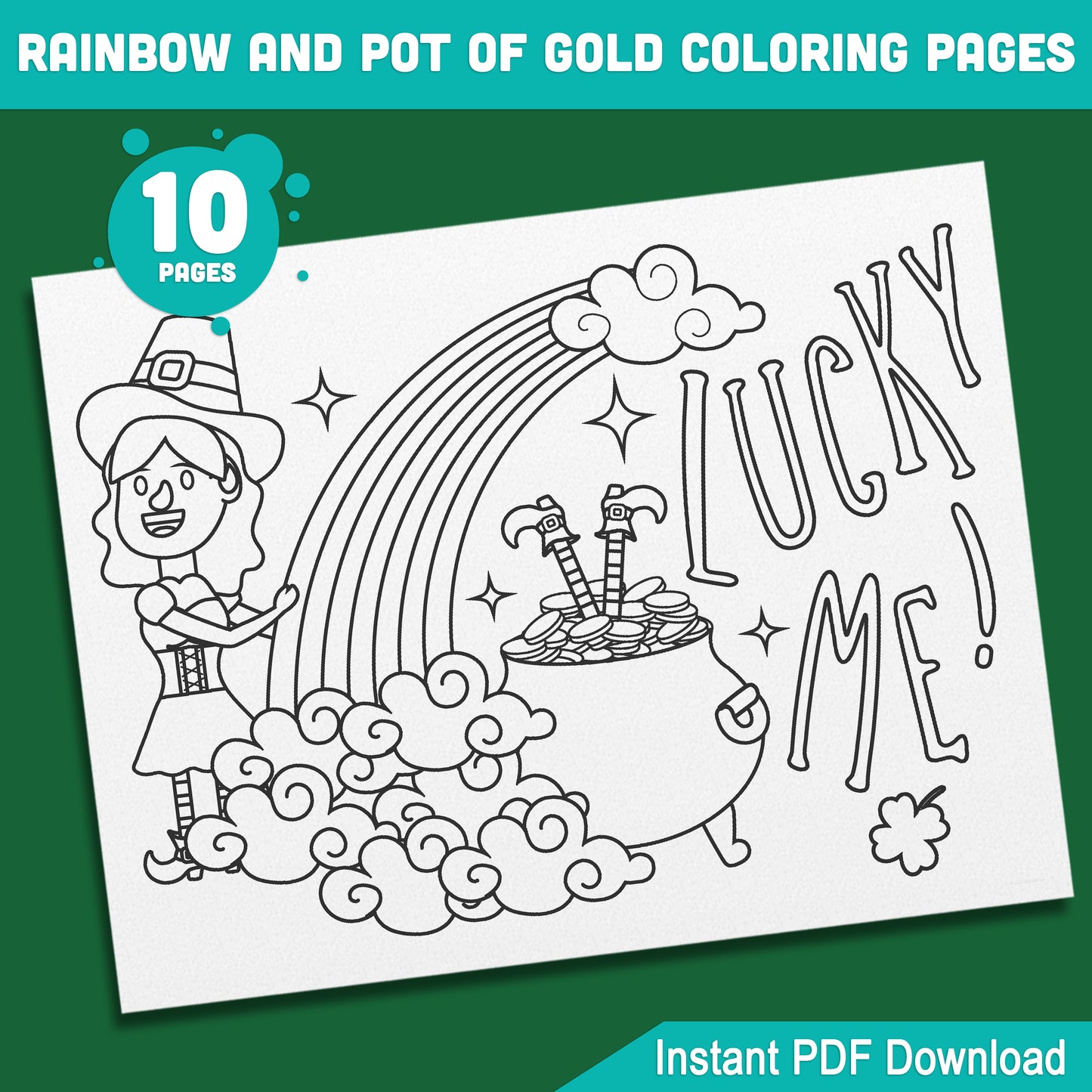 St. Patrick’s Day Coloring Pages: Rainbow, Pot of Gold, Shamrock, and Leprechaun Fun for Kids, Printable Activity, Instant PDF Download