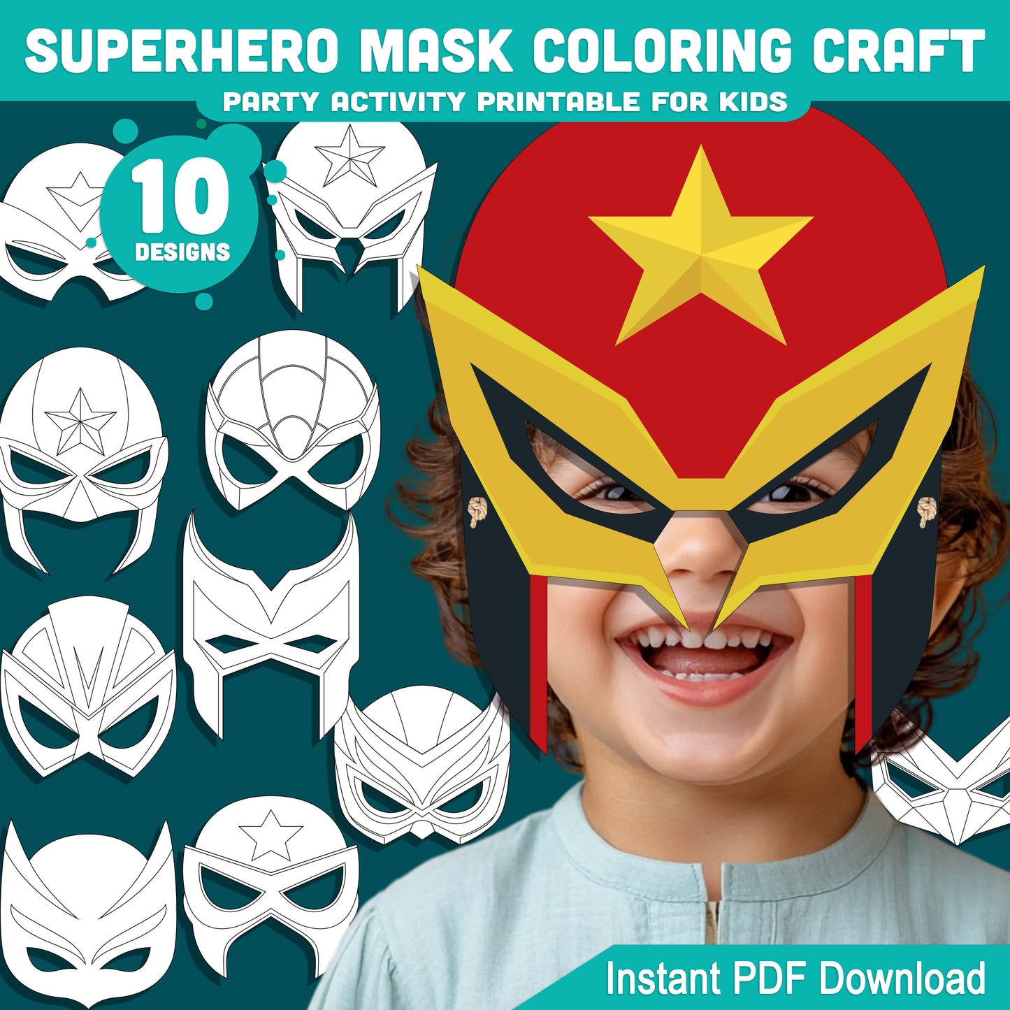 Superhero Mask Coloring Craft, Printable Party Activity Pack for Kids, Color Your Own Superhero Design, Cut and Wear Fun Craft