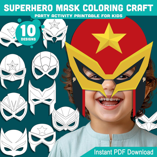 Superhero Mask Coloring Craft, Printable Party Activity Pack for Kids, Color Your Own Superhero Design, Cut and Wear Fun Craft
