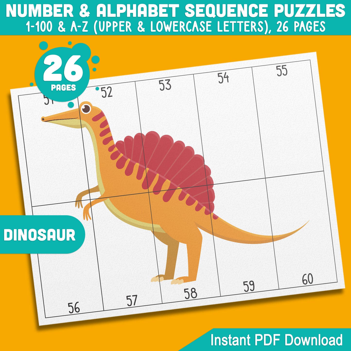 Dinosaur Number and Alphabet Stripe Puzzles: 1-100 Counting and A-Z Sequencing for Toddlers, Preschool, and Kindergarten, Printable PDF for Math Centers