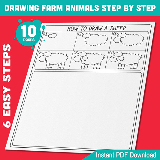 Easy Farm Animal Drawing Tutorials: Learn to Draw Donkey, Sheep, Horse, Cow, Hen with 5 Guided Steps & Coloring Pages - Instant Download