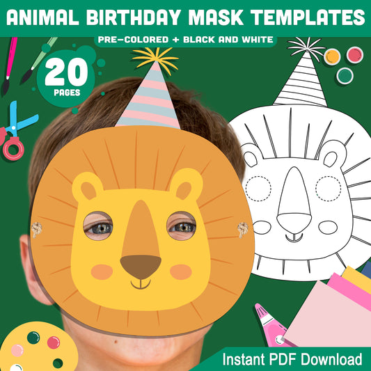 Animal Birthday Party Mask Templates: 20-Page Printable Craft for Kids, 10 Cute Designs to Cut & Wear, Pre-Colored + Black & White, Instant Download