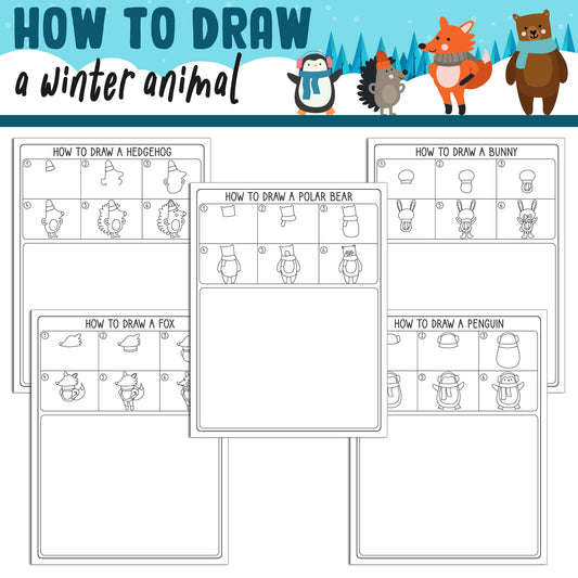 Learn How to Draw a Winter Animal: Directed Drawing Step by Step Tutorial, Includes 5 Coloring Pages, PDF File, Instant Download.